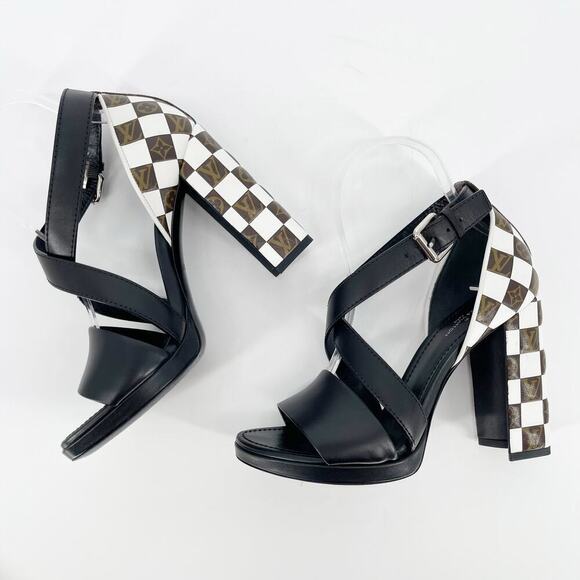 Louis Vuitton Black Monogram Damier Tressage Matchmake Check Heel Sandals EU 37 - Picture 6 of 16